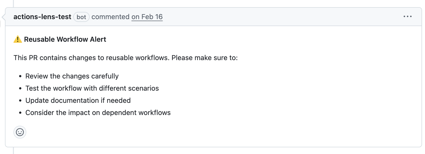 PR Comment showing reusable workflow dependency warning